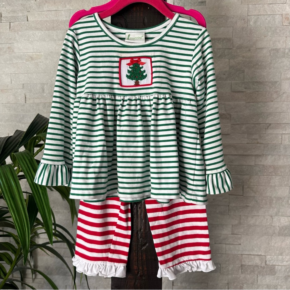ZUCCINI Kids Smocked Needlepoint Green Red Christmas Tree Stripe Outfit Size 2T